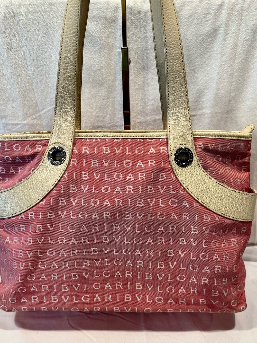 Vintage Bvlgari Logomania Canvas Tote Bag With Cream Leather Straps